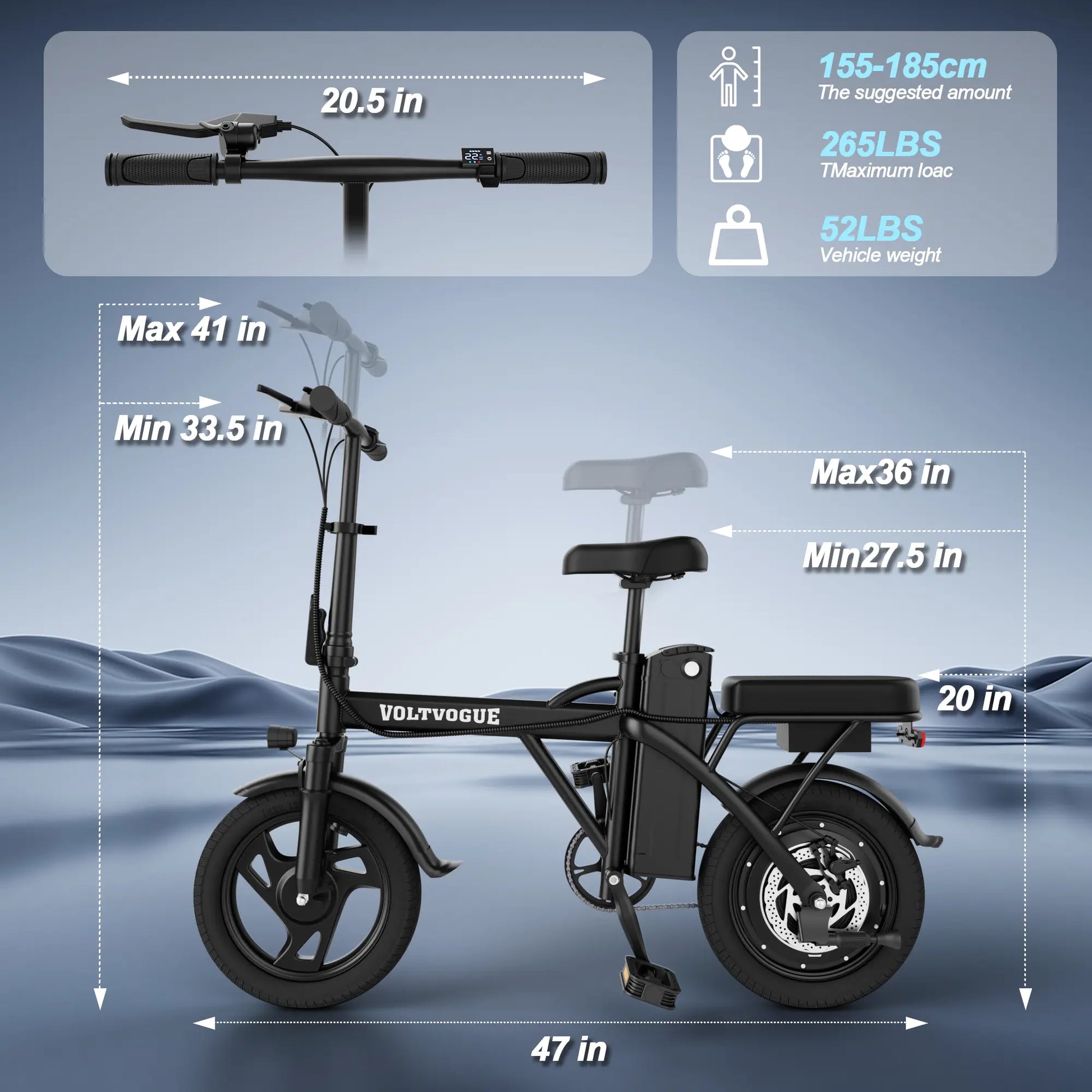 VOLTVOGUE& HQYEX Electric Bike | 750W Peak Power | Top Speed 22 MPH | 14" Pneumatic Tires | 22–40 Mile Range | Dual Seat | Single Brake Lever | Height Adjustable Seat
