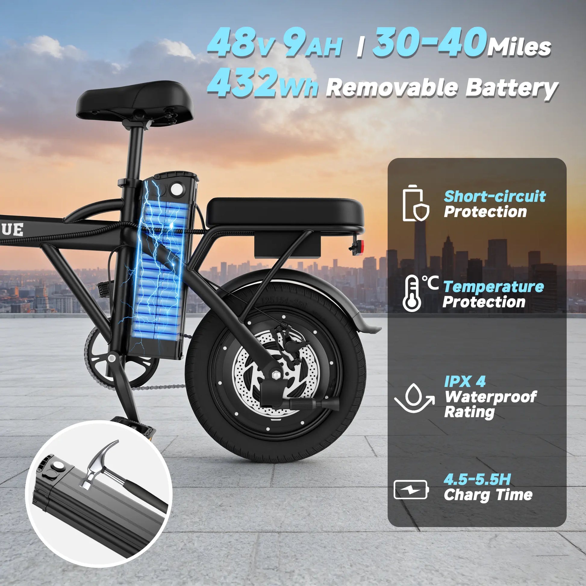 VOLTVOGUE& HQYEX Electric Bike | 750W Peak Power | Top Speed 22 MPH | 14" Pneumatic Tires | 22–40 Mile Range | Dual Seat | Single Brake Lever | Height Adjustable Seat