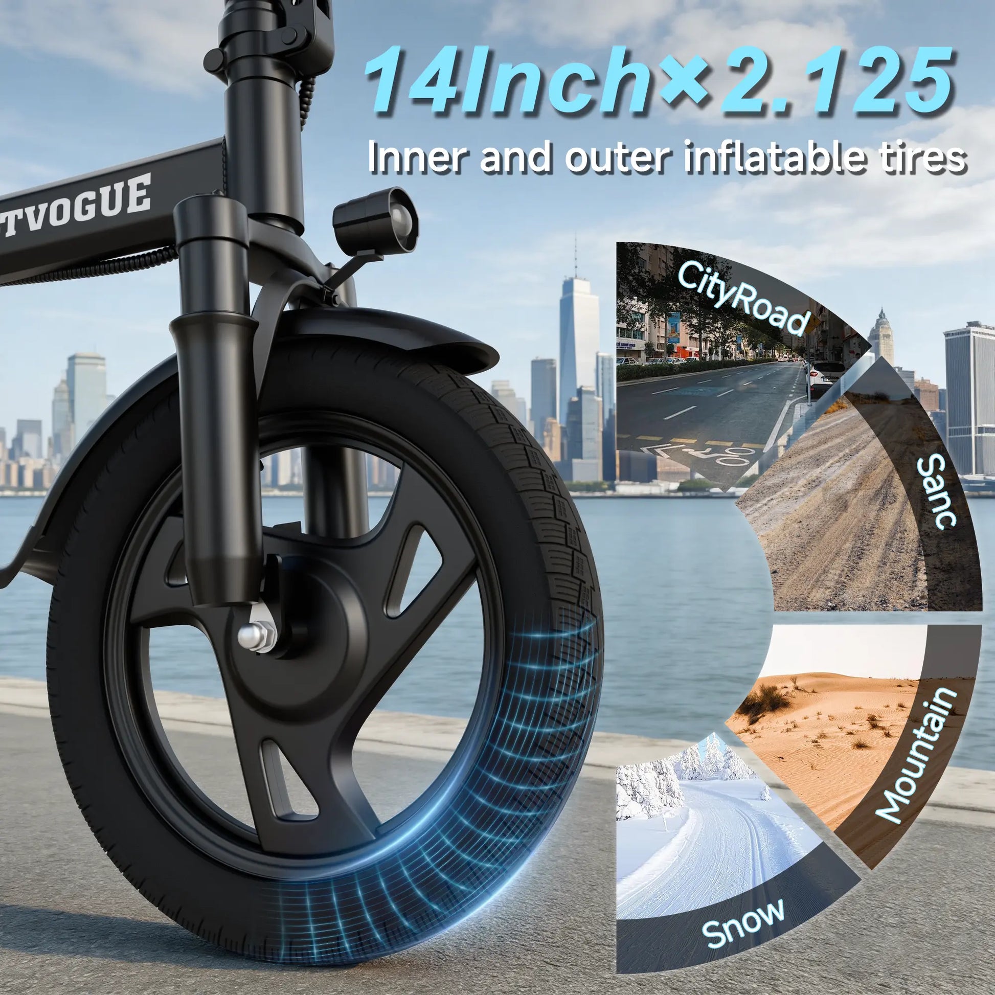 VOLTVOGUE& HQYEX Electric Bike | 750W Peak Power | Top Speed 22 MPH | 14" Pneumatic Tires | 22–40 Mile Range | Dual Seat | Single Brake Lever | Height Adjustable Seat