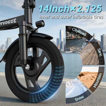 VOLTVOGUE& HQYEX Electric Bike | 750W Peak Power | Top Speed 22 MPH | 14" Pneumatic Tires | 22–40 Mile Range | Dual Seat | Single Brake Lever | Height Adjustable Seat