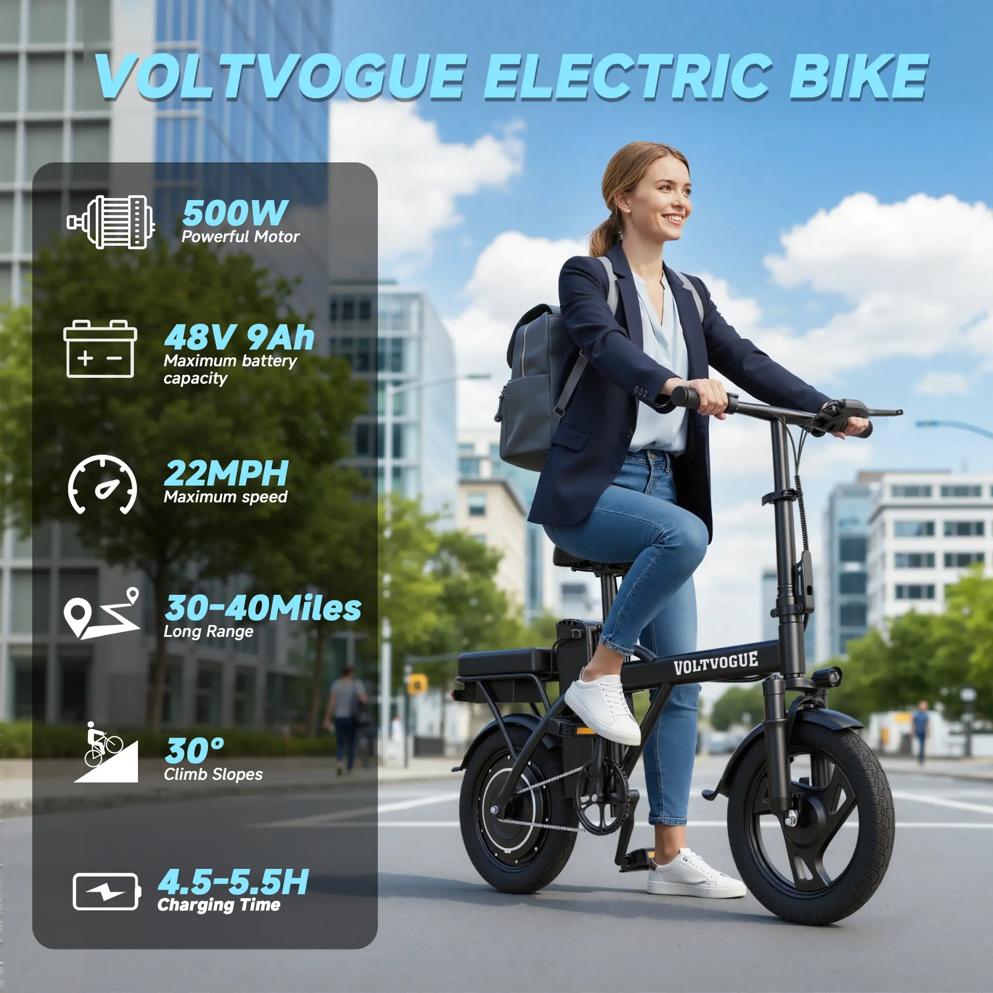 VOLTVOGUE& HQYEX Electric Bike | 750W Peak Power | Top Speed 22 MPH | 14" Pneumatic Tires | 22–40 Mile Range | Dual Seat | Single Brake Lever | Height Adjustable Seat